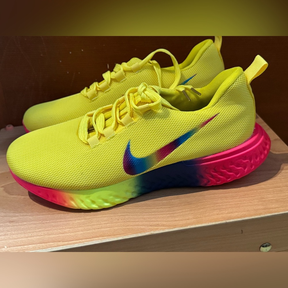 Nike Vibrant Yellow Sneakers with Rainbow Swoosh